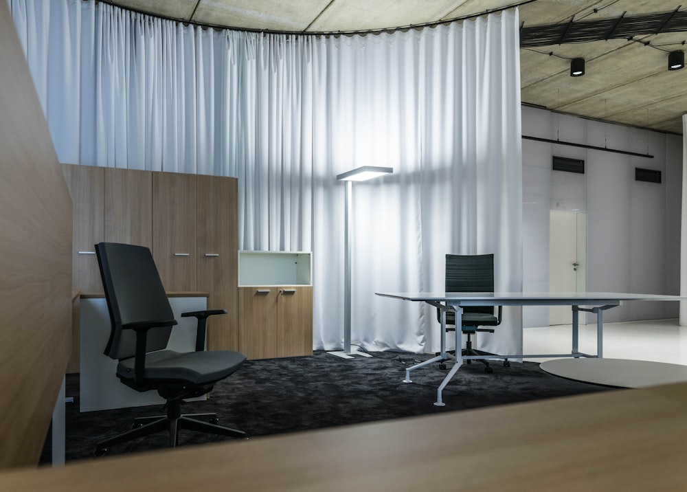High-quality photo of a sleek, modern office workspace with minimalist design.